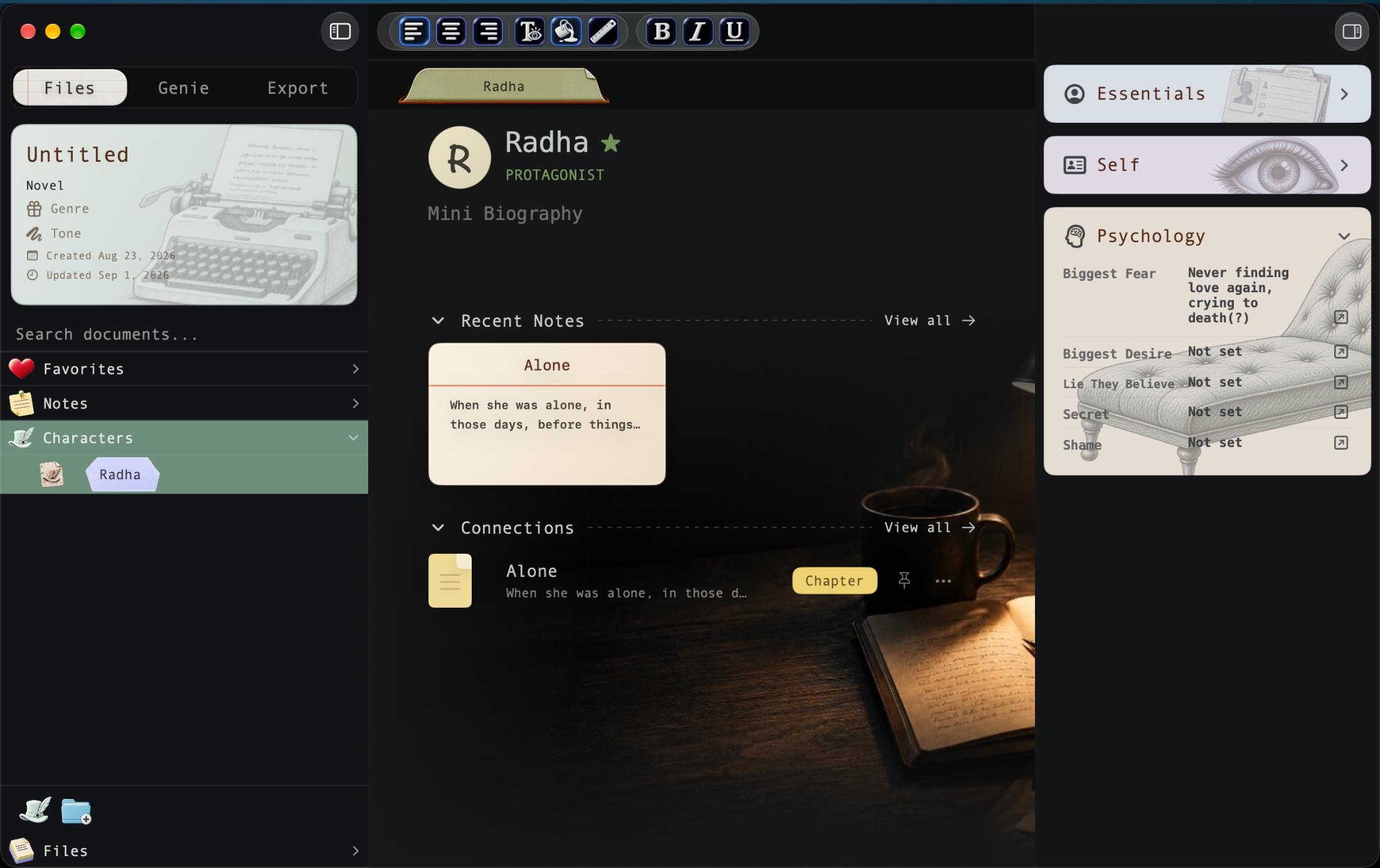 The Insanely Great Writer character workspace